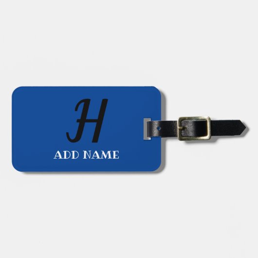 Étiquette À Bagage Élégant Monogramme Script Modern Blue Ajouter un n (Devant horizontal)