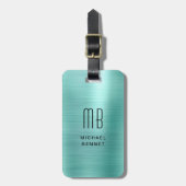 Étiquette À Bagage Élégant Monogramme Turquoise Vert brossé Métal (Devant Vertical)