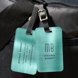 Étiquette À Bagage Élégant Monogrammé Vert Sarcelle Métal Brossé