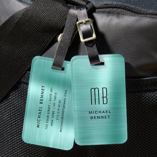 Étiquette À Bagage Élégant Monogrammé Vert Sarcelle Métal Brossé