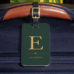 Étiquette À Bagage Élégant Monogramme Vertical Chasse Vert & Or