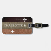 Étiquette À Bagage Élégant monogramme Voyageur Brown et cuir noir (Devant horizontal)