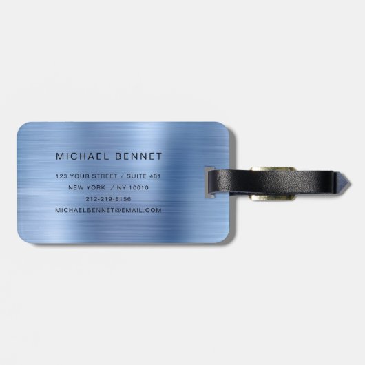 Étiquette À Bagage Elegant Monogrammed Blue Brushed Metallic (Dos horizontal)