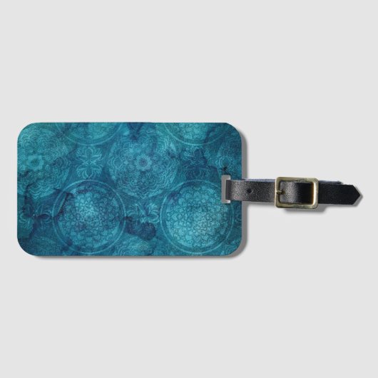 Étiquette À Bagage Elégant Motif d'aquarelle Mandala Turquoise (Devant Horizontal)