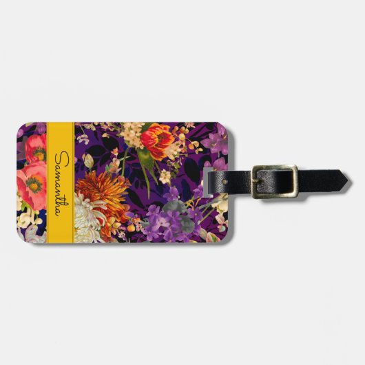 Étiquette À Bagage Élégant motif floral jaune violet (Devant horizontal)