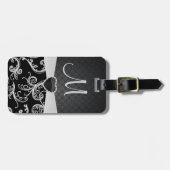 Étiquette À Bagage Élégant motif floral noir et gris (Devant horizontal)
