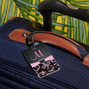 Étiquette À Bagage Élégant motif floral noir et rose