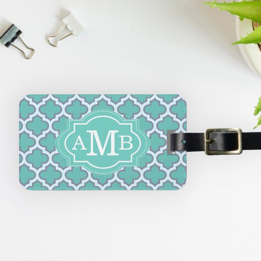 Étiquette À Bagage Élégant Motif Quatrefoil Turquoise Personnalisé Mo