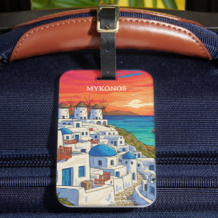 Étiquette À Bagage Élégant Mykonos Grèce Moulins à vent Voyage Vintag