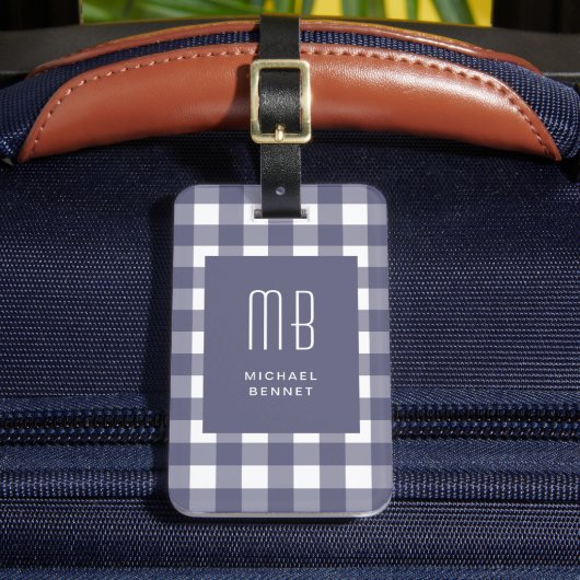 Étiquette À Bagage Elegant Navy Blue Gingham Monogram (Insitu Rectoal 2)