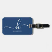 Étiquette À Bagage Elegant Navy Blue White Initial Script Name  (Devant horizontal)
