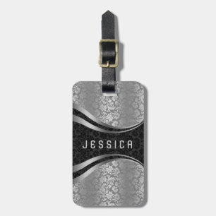 Étiquette À Bagage Elégant noir & argent Motif de Damas florales