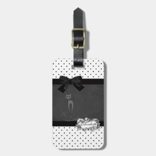 Étiquette À Bagage Élégant Noir, Blanc à pois-Noir Nœud,Chat