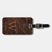 Étiquette À Bagage Élégant noir Brown Vache Cuir Texture Monogramme (Devant horizontal)