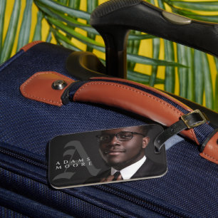 Étiquette À Bagage Élégant noir et blanc classique Monogramme photo