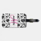 Étiquette À Bagage Élégant noir et blanc Damas florales 2 Monogrammes (Dos horizontal)
