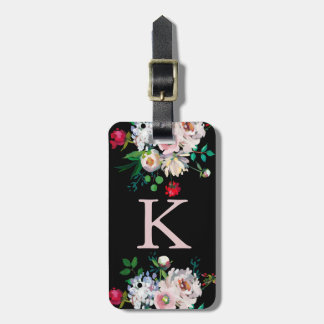 Étiquette À Bagage Élégant noir et rose floral Monogramme