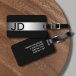 Étiquette À Bagage Élégant noir Faux argent monogramme gras<br><div class="desc">Élégante étiquette de bagage noir personnalisable avec bande d'argent en métal FAUX et votre monogramme audacieux.</div>