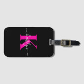 Étiquette À Bagage Élégant Noir Hot Rose Script Monogramme (Devant Horizontal)