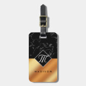 Étiquette À Bagage Élégant noir marbre et cuivre Script Monogramme (Devant Vertical)