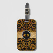 Étiquette À Bagage Élégant Noir Monogramme Or Nom de script élégant (Devant Vertical)