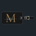 Étiquette À Bagage Élégant Noir Monogramme Or Nom de script élégant<br><div class="desc">Élégant Monogramme d'or noir Nom du script Sac élégant Tag</div>