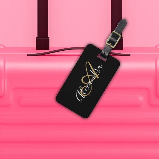Étiquette À Bagage Élégant Noir Monogramme Or Nom de script élégant