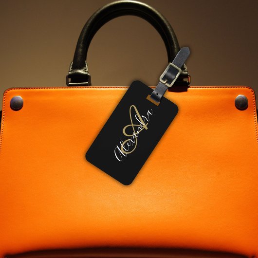 Étiquette À Bagage Élégant Noir Monogramme Or Nom de script élégant