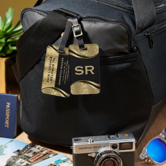 Étiquette À Bagage Elégant noir & or Floral Damas Motif 2 Lugg (Recto & Verso)