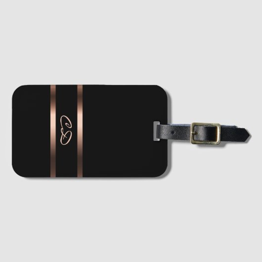 Étiquette À Bagage Élégant noir rose or monogramme initiales (Devant Horizontal)