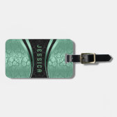 Étiquette À Bagage Élégant noir & vert Motif de Damas Florales (Devant horizontal)
