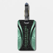 Étiquette À Bagage Élégant noir & vert Motif de Damas Florales (Dos Vertical)