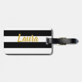 Étiquette À Bagage Élégant nom de script or noir et blanc rayé (Dos horizontal)