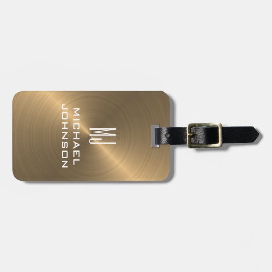 Étiquette À Bagage Élégant Or Brossé Métallique Monogramme Initial (Devant horizontal)