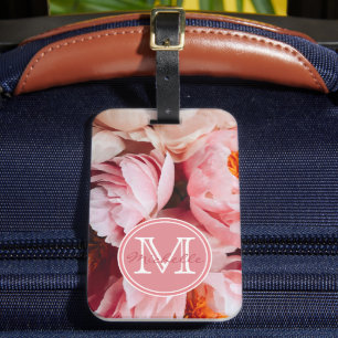 Étiquette À Bagage Élégant Pacé rose et Pêche Monogramme