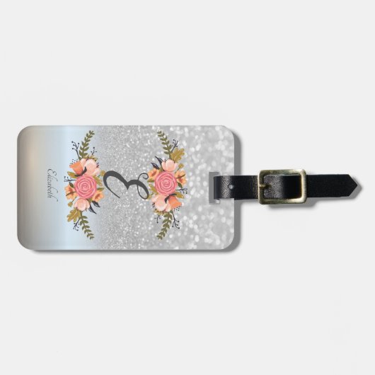 Étiquette À Bagage Elégant Parties scintillant Argent Bokeh, Monogram (Devant horizontal)