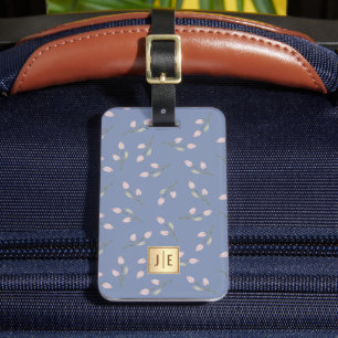 Étiquette À Bagage Élégant Pastel Blue Floral brillant or Monogramme