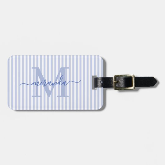 Étiquette À Bagage Elegant Personalized Monogram Blue Stripe (Devant horizontal)