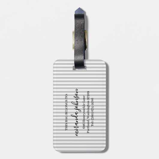 Étiquette À Bagage Elegant Personalized Monogram Gray Stripe (Dos Vertical)