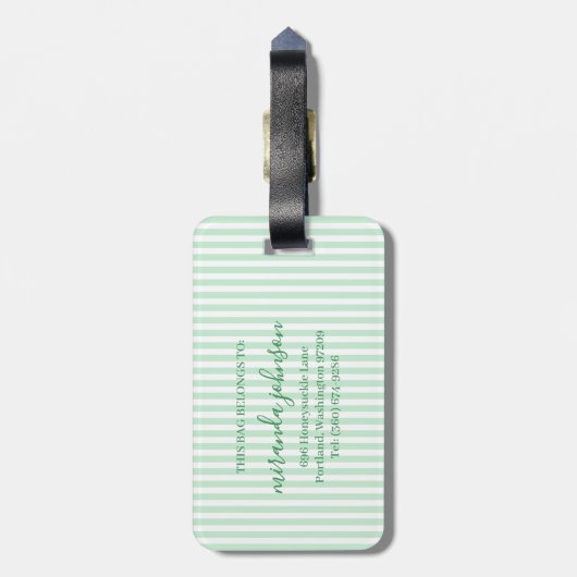 Étiquette À Bagage Elegant Personalized Monogram Green Stripe (Dos Vertical)