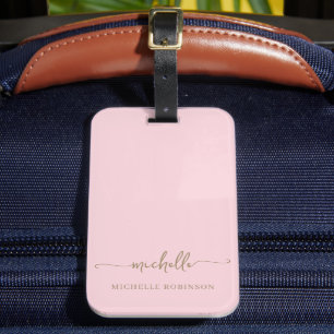 Étiquette À Bagage Élégant Pink Gold Calligraphy Script Monogramme No