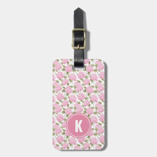 Étiquette À Bagage Elegant Pink Hydragea Flowers Pattern Monogram (Devant Vertical)