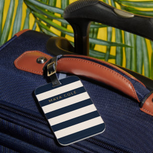 Étiquette À Bagage Élégant rayures bleues et crème Personnalisé