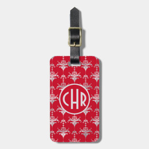 Étiquette À Bagage Elegant Red and White Damask Monogram