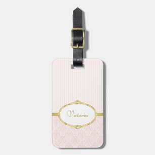 Étiquette À Bagage Elégant rose Damask Vintage Gold Frame et nom