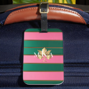 Étiquette À Bagage Élégant rose et vert rayures Monogramme