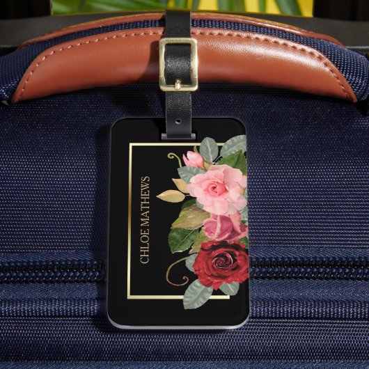 Étiquette À Bagage Elégant Rose Floral Gold Frame (Insitu Rectoal 2)
