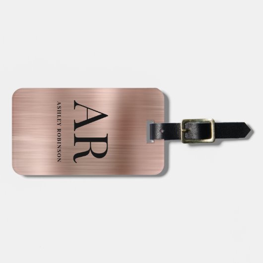 Étiquette À Bagage Élégant Rose métal or Monogramme 2 initial (Devant horizontal)