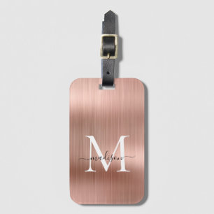 Étiquette À Bagage Élégant Rose or brossé métal Script Monogramme