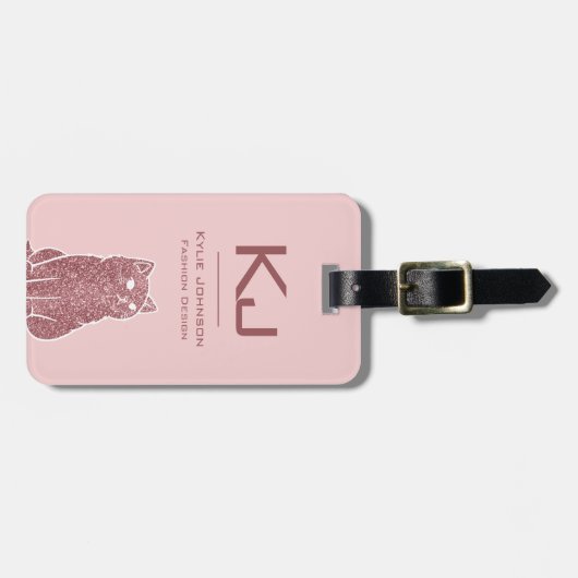 Étiquette À Bagage Élégant rose Parties scintillant mignonne Chat Nom (Devant horizontal)